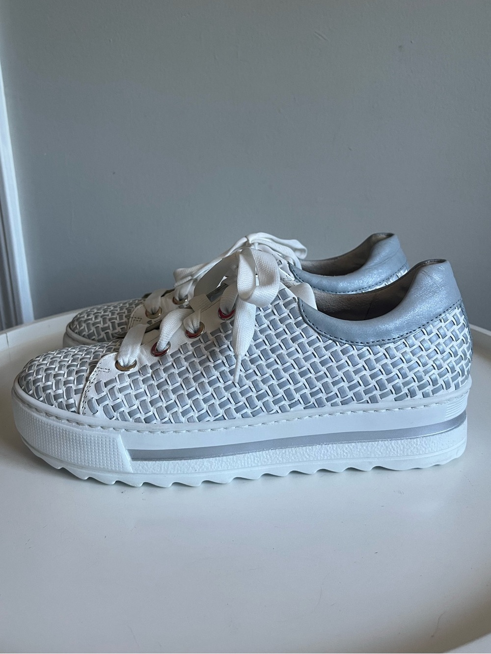 GABOR Leather Platform Sneakers Woven Gray White Women’s Size US 8.5
